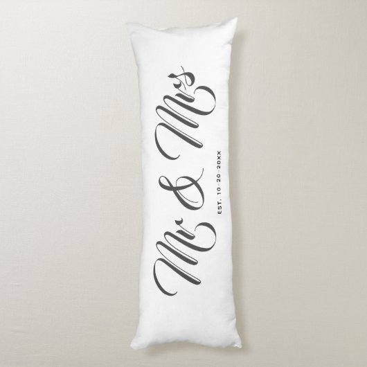 Elegant Newlyweds Mr. und Mrs. White Gray Script Seitenschläferkissen (Rückseite (Vertikal))