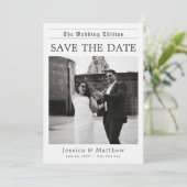 Elegant Newspaper Black and White Photo Wedding Save The Date (Stehend Vorderseite)