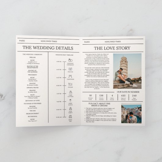 Elegant Newspaper Details Timeline Wedding Einladung (Innenseite)