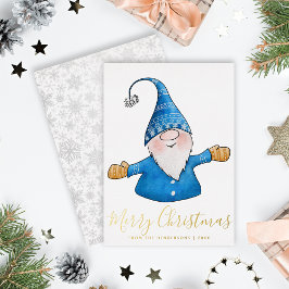 Elegant Niedlich Gnome Blue Gold Frohe Weihnachten Folien Feiertagskarte