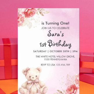 Elegant & Niedlich Teddy Floral Erster Geburtstag Einladung
