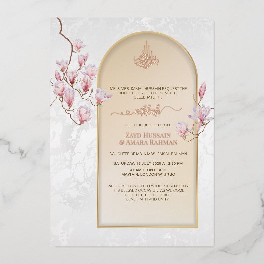 Elegant Nikkah Wedding Foil Einladung | Magnolias (Vorderseite)