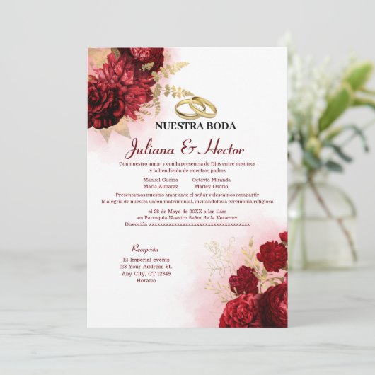 Elegant Nuestra Boda Red Floral Wedding Einladung (Stehend Vorderseite)