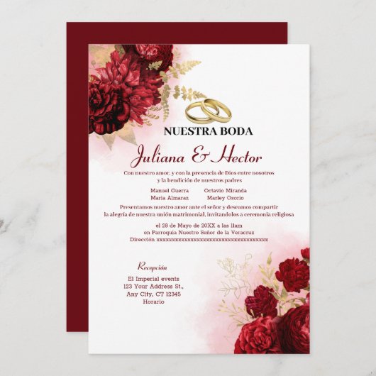 Elegant Nuestra Boda Red Floral Wedding Einladung (Vorne/Hinten)