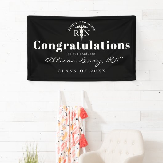 Elegant Nurse Abschluss Schwarz-weißer Name Banner (Insitu)