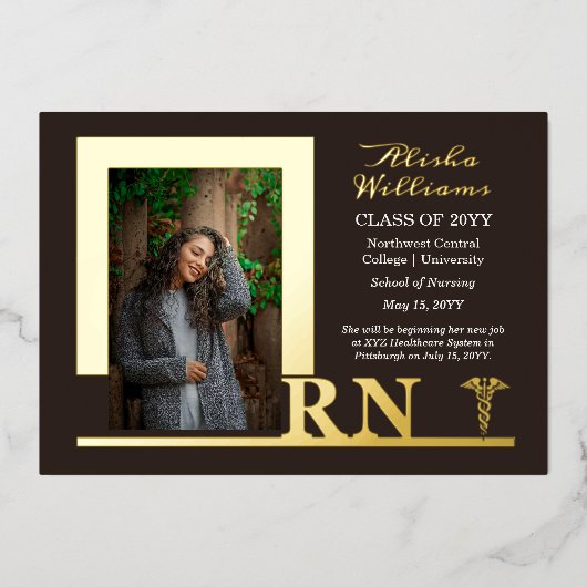 Elegant Nurse RN Caduceus Foto Graduate Brown Folieneinladung (Vorderseite)