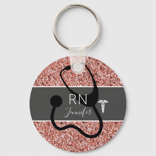 Elegant Nurse RN Caduceus Rose Gold Personalisiert Schlüsselanhänger (Vorderseite)