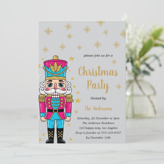 Elegant Nutcracker Christmas Party | Gold Glitter Einladung (Stehend Vorderseite)