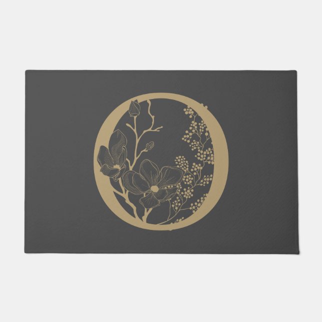 Elegant O Boho Floral Monogram Initial Gray Gold Fußmatte (Vorderseite)