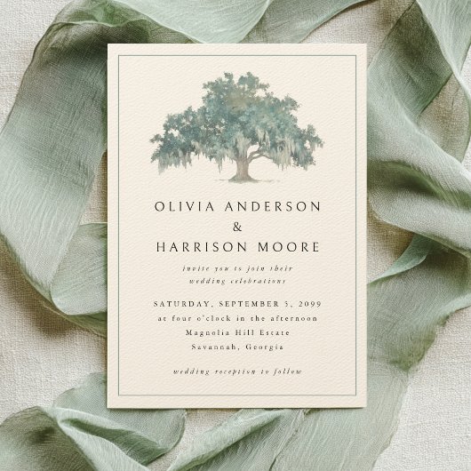 Elegant Oak Tree Green Southern Wedding Einladung