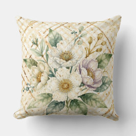 Elegant Off White Flowers, Gold Lattice Pattern Kissen