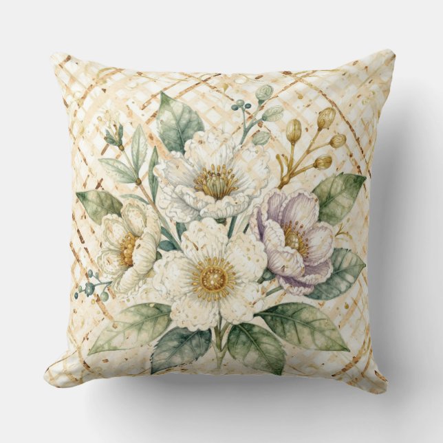 Elegant Off White Flowers, Gold Lattice Pattern Kissen (Vorderseite)