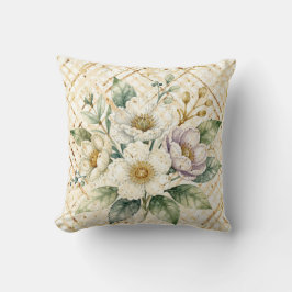 Elegant Off White Flowers, Gold Lattice Pattern Kissen