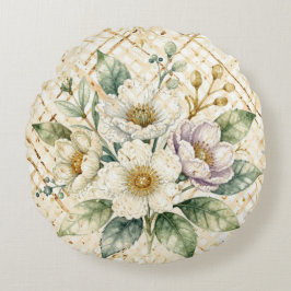 Elegant Off White Flowers, Gold Lattice Pattern Rundes Kissen