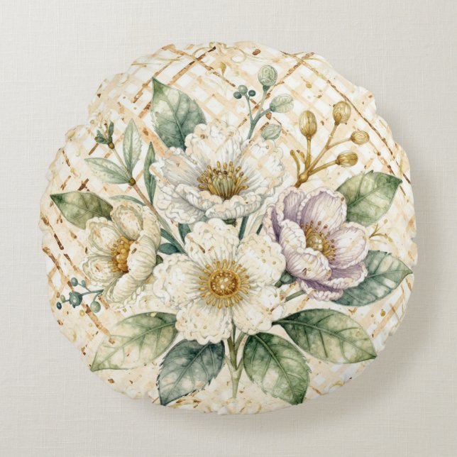 Elegant Off White Flowers, Gold Lattice Pattern Rundes Kissen (Vorderseite)