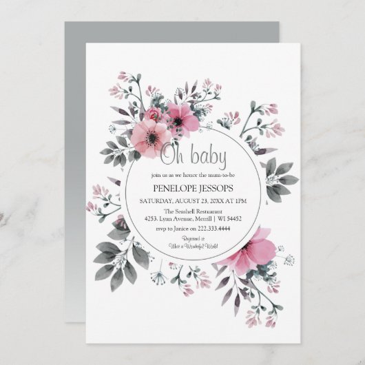 Elegant 'Oh Baby' Pink & Gray Floral Baby Dusche Einladung (Vorne/Hinten)