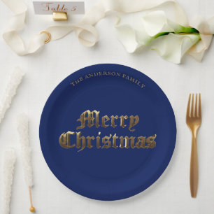 Elegant Old English Lettering Blue Frohe Weihnacht Pappteller