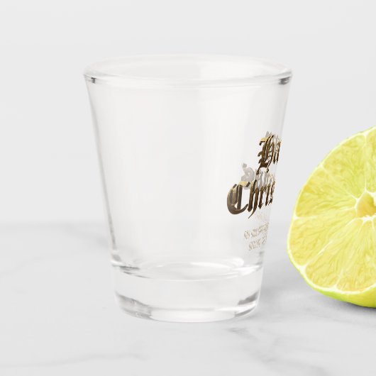 Elegant Old English Lettering Frohe Weihnachten Schnapsglas (Links)