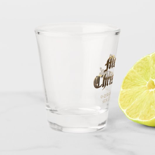 Elegant Old English Lettering Frohe Weihnachten Schnapsglas (Links)