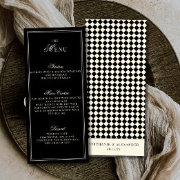Elegant Old Money Black Ivory Checkered Wedding Menükarte