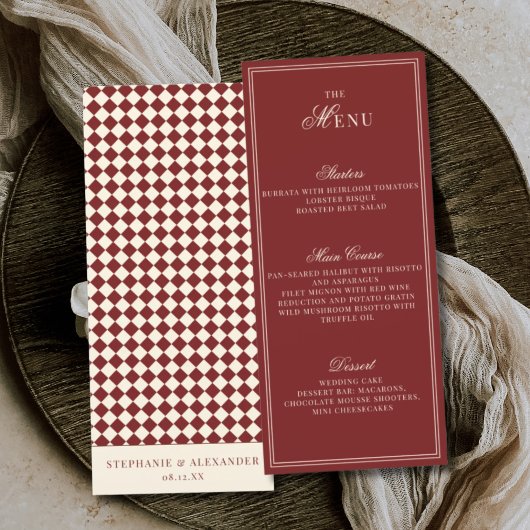 Elegant Old Money Deep Red Ivory Checkered Wedding Menükarte
