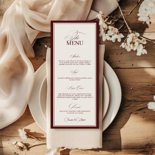 Elegant Old Money Wedding Red Dinner Menu Card Menükarte