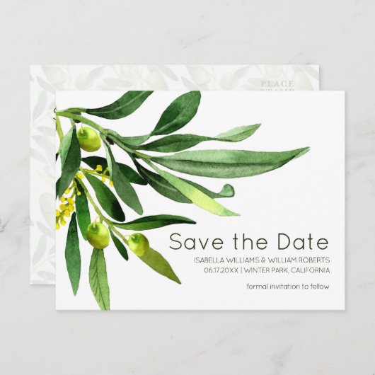Elegant Olive Boho Garden Save the Date Hochzeit Ankündigungspostkarte (Vorne/Hinten)