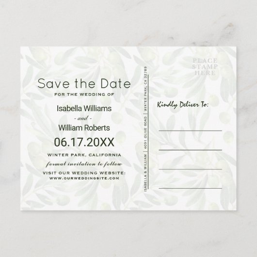 Elegant Olive Boho Garden Save the Date Hochzeit Ankündigungspostkarte (Rückseite)