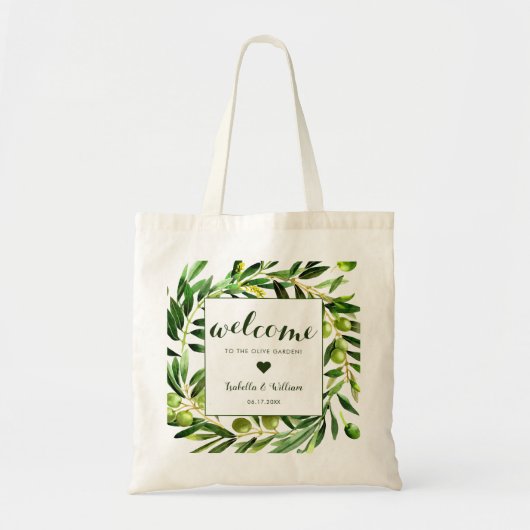 Elegant Olive Boho Garden Wedding Welcome Gefallen Tragetasche (Vorne)