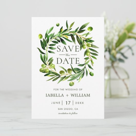 Elegant Olive Boho Save the Date Wedding Card (Stehend Vorderseite)