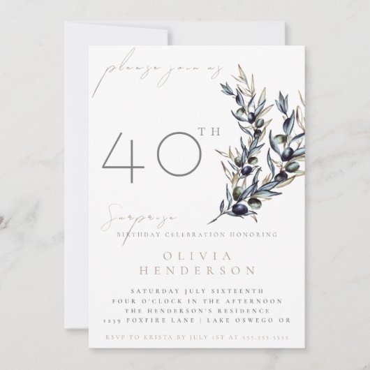 Elegant Olive Branch Surprise Birthday Invitation Einladung (Vorderseite)