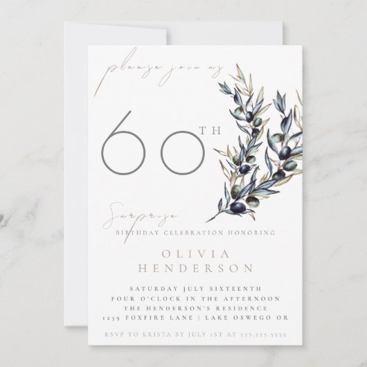 Elegant Olive Branch Surprise Birthday Invitation Einladung (Vorderseite)