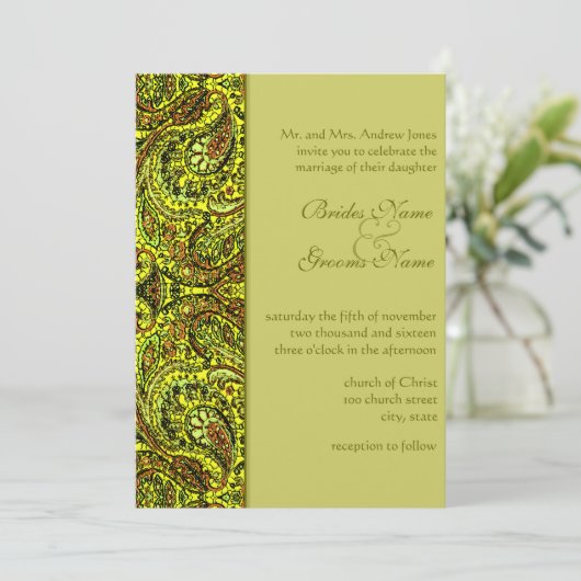 Elegant Olive Green Damask Paisley Wedding Einladung (Stehend Vorderseite)