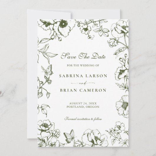Elegant Olive Green Floral Garden Save The Date Einladung (Vorderseite)