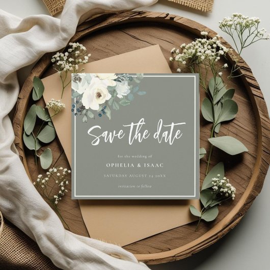 Elegant Olive Green Floral  Save The Date