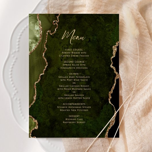 Elegant Olive Green Gold Agate Wedding Menu Menükarte