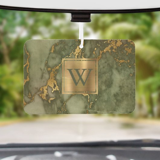 Elegant Olive Green Gold Marble Monogram Autolufterfrischer