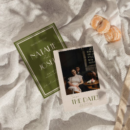 Elegant Olive Green Ivory Old Money Photo Wedding Save The Date