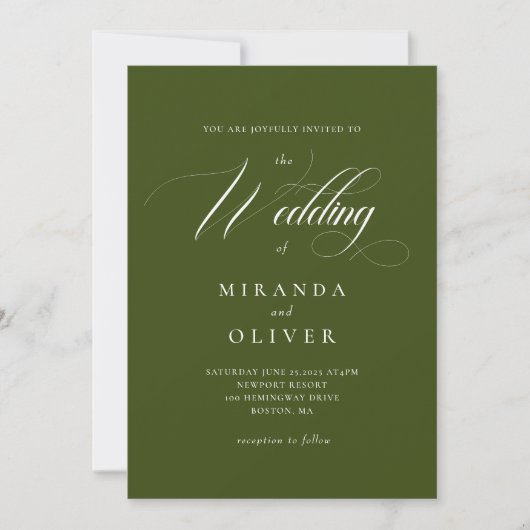 Elegant Olive Green Script Wedding Einladung (Vorderseite)