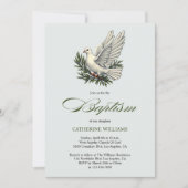 Elegant Olive Green Script White Dove Taufe Einladung (Vorderseite)