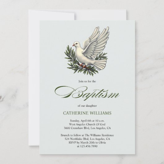 Elegant Olive Green Script White Dove Taufe Einladung (Vorderseite)