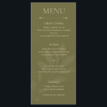 Elegant Olive Green Tulip Botanical Wedding Menu Menükarte<br><div class="desc">A sophisticated wedding menu card featuring a rich olive green background with delicate vintage tulip botanical illustrations and elegant gold typography. The minimalist layout highlights each course while maintaining a romantic garden aesthetic. Perfect for vineyard weddings, botanical garden celebrations, and elegant outdoor receptions. Designed to coordinate beautifully with olive, sage,...</div>