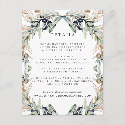 Elegant Olive Grove Boho Wedding Guest Details Begleitkarte (Vorderseite)