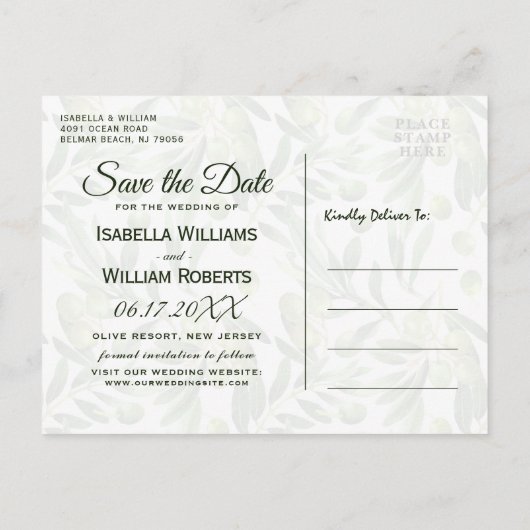 Elegant Olive Leaf Boho Garden Save the Date Ankündigungspostkarte (Rückseite)