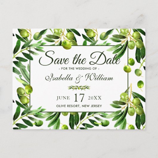 Elegant Olive Leaf Boho Garden Save the Date Ankündigungspostkarte (Vorderseite)