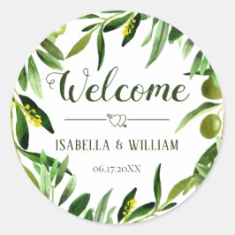 Elegant Olive Leaf Boho Garden Wedding Willkommen Runder Aufkleber