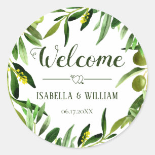 Elegant Olive Leaf Boho Garden Wedding Willkommen Runder Aufkleber