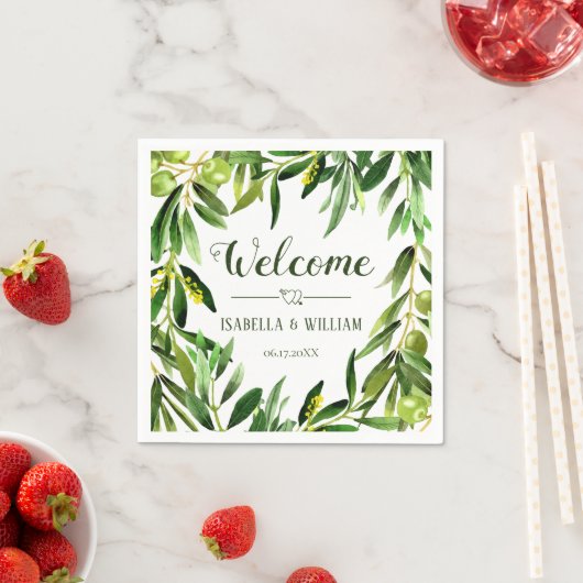 Elegant Olive Leaf Boho Garden Wedding Willkommen Serviette (Beispiel)