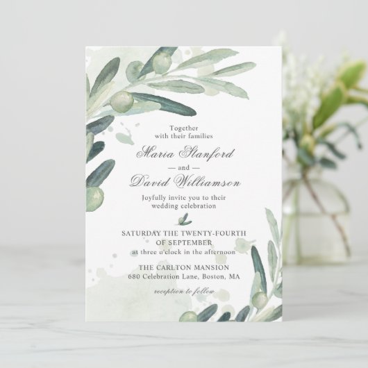 Elegant Olive Sprig Branch Grüne Hochzeit Einladung (Stehend Vorderseite)