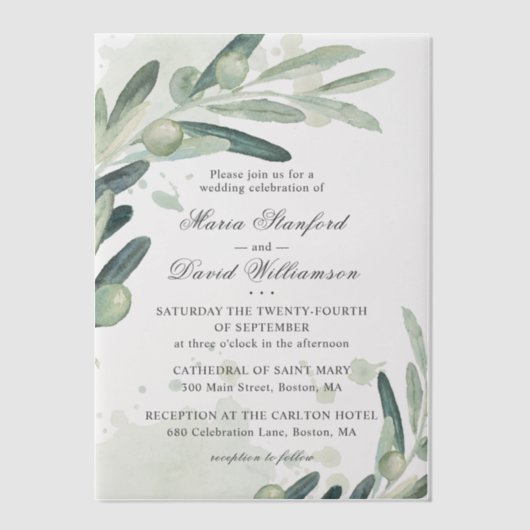 Elegant Olive Sprig Branch Grüne Hochzeit Pergament Einladungen (Vorderseite)